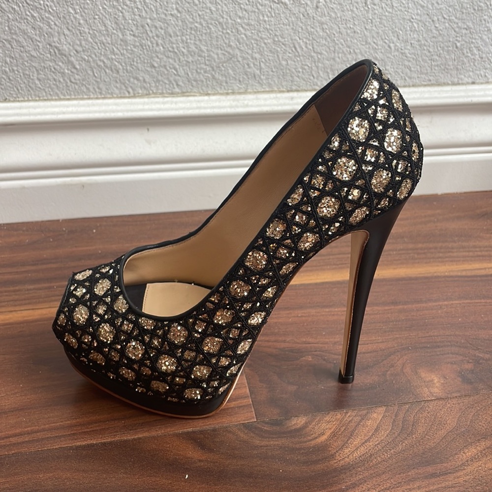 Giuseppe Zanotti Black Sharon Glitter And Lace Peep Toe Platform Pumps Size 37 - Picture 6 of 13